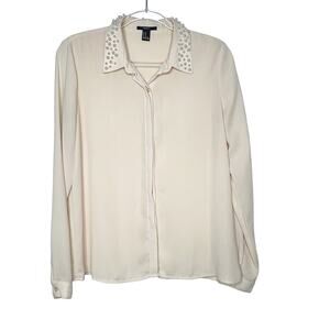 FOREVER 21 Beaded Long Sleeve Button Up Blouse Pearl Collar Beige Size Medium